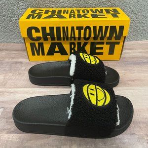 CTM Slides Sandals Big Kids Black Fuzzy Sz 4 Smiley SHIPS ASAP NEW IN BOX Summer